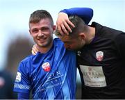 1 July 2022; William Armshaw of Treaty United, left, is congratulated by teammate Jack Brady after the SSE Airtricity League First Division match between Cobh Ramblers and Treaty United at St Colman's Park in Cobh, Cork. Photo by Michael P Ryan/Sportsfile