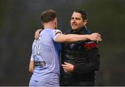 1 July 2022; Derry City manager Ruaidhrí Higgins, right, celebrate with Cameron McJannet after their side's victory in the SSE Airtricity League Premier Division match between Bohemians and Derry City at Dalymount Park in Dublin. Photo by Sam Barnes/Sportsfile