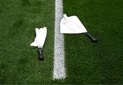 19 June 2022; Flags, used by linesmen, rest on the grass before the start of the Tailteann Cup Semi-Final match between Sligo and Cavan at Croke Park in Dublin. Photo by Ray McManus/Sportsfile