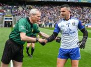 19 June 2022; Referee Fergal Kelly with Cavan goalkeeper and captain Raymond Galligan before the Tailteann Cup Semi-Final match between Sligo and Cavan at Croke Park in Dublin. Photo by Ray McManus/Sportsfile