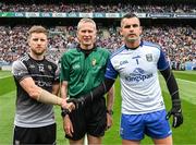 19 June 2022; Referee Fergal Kelly with the Cavan goalkeeper and captain Raymond Galligan and the Sligo captain Keelan Cawley before the Tailteann Cup Semi-Final match between Sligo and Cavan at Croke Park in Dublin. Photo by Ray McManus/Sportsfile