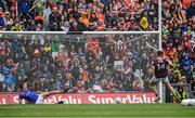 26 June 2022; Damien Comer of Galway shoots past Armagh goalkeeper Ethan Rafferty to convert a penalty during the GAA Football All-Ireland Senior Championship Quarter-Final match between Armagh and Galway at Croke Park, Dublin. Photo by Ray McManus/Sportsfile