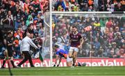 26 June 2022; Damien Comer of Galway celebrates aftre shooting past Armagh goalkeeper Ethan Rafferty to convert a penalty during the GAA Football All-Ireland Senior Championship Quarter-Final match between Armagh and Galway at Croke Park, Dublin. Photo by Ray McManus/Sportsfile
