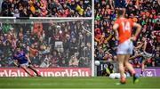 26 June 2022; Armagh goalkeeper Ethan Rafferty is beaten by Robert Finnerty of Galway penalty during the GAA Football All-Ireland Senior Championship Quarter-Final match between Armagh and Galway at Croke Park, Dublin. Photo by Ray McManus/Sportsfile