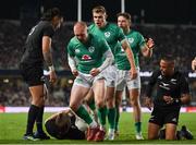 2 July 2022; Keith Earls of Ireland celebrates with teammates Garry Ringrose and Hugo Keenan after scoring his side's first try during the Steinlager Series match between the New Zealand and Ireland at Eden Park in Auckland, New Zealand. Photo by Brendan Moran/Sportsfile