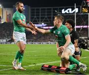 2 July 2022; Garry Ringrose of Ireland celebrates with teammate Jamison Gibson Park after scoring his side's second try during the Steinlager Series match between the New Zealand and Ireland at Eden Park in Auckland, New Zealand. Photo by Brendan Moran/Sportsfile