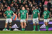 2 July 2022; Ireland players, from left, Josh van der Flier, Dan Sheehan, Caelan Doris and Andrew Porter react during the Steinlager Series match between the New Zealand and Ireland at Eden Park in Auckland, New Zealand. Photo by Brendan Moran/Sportsfile
