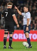 2 July 2022; Sam Cane of New Zealand speaks to referee Karl Dickson during the Steinlager Series match between the New Zealand and Ireland at Eden Park in Auckland, New Zealand. Photo by Brendan Moran/Sportsfile