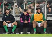 2 July 2022; Ireland players, from left, Caelan Doris, Jonathan Sexton of Ireland and Tom O’Toole on the bench during the Steinlager Series match between the New Zealand and Ireland at Eden Park in Auckland, New Zealand. Photo by Brendan Moran/Sportsfile