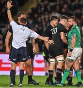 2 July 2022; Referee Karl Dickson penalises the Ireland scrum as Andrew Porter of Ireland looks on during the Steinlager Series match between the New Zealand and Ireland at Eden Park in Auckland, New Zealand. Photo by Brendan Moran/Sportsfile