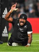 2 July 2022; Pita Gus Sowakula of New Zealand celebrates after scoring his side's sixth try during the Steinlager Series match between the New Zealand and Ireland at Eden Park in Auckland, New Zealand. Photo by Brendan Moran/Sportsfile