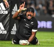 2 July 2022; Pita Gus Sowakula of New Zealand celebrates after scoring his side's sixth try during the Steinlager Series match between the New Zealand and Ireland at Eden Park in Auckland, New Zealand. Photo by Brendan Moran/Sportsfile