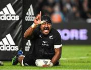 2 July 2022; Pita Gus Sowakula of New Zealand celebrates after scoring his side's sixth try during the Steinlager Series match between the New Zealand and Ireland at Eden Park in Auckland, New Zealand. Photo by Brendan Moran/Sportsfile