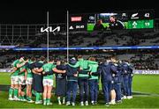 2 July 2022; Ireland players huddle after their side's defeat in the Steinlager Series match between the New Zealand and Ireland at Eden Park in Auckland, New Zealand. Photo by Brendan Moran/Sportsfile