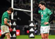 2 July 2022; Joey Carbery of Ireland, right, and teammate Josh van der Flier react after their side's defeat in the Steinlager Series match between the New Zealand and Ireland at Eden Park in Auckland, New Zealand. Photo by Brendan Moran/Sportsfile