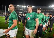 2 July 2022; Ireland players, from left, James Lowe, Dan Sheehan and Joe McCarthy after their side's defeat in the Steinlager Series match between the New Zealand and Ireland at Eden Park in Auckland, New Zealand. Photo by Brendan Moran/Sportsfile
