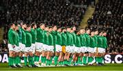 2 July 2022; The Ireland team lineup as the New Zealand team perform the haka before the Steinlager Series match between the New Zealand and Ireland at Eden Park in Auckland, New Zealand. Photo by Brendan Moran/Sportsfile