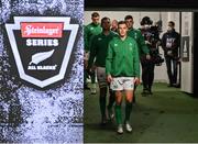 2 July 2022; Ireland captain Jonathan Sexton leads his side out before the Steinlager Series match between the New Zealand and Ireland at Eden Park in Auckland, New Zealand. Photo by Brendan Moran/Sportsfile