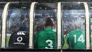 2 July 2022; Ireland players Tadhg Furlong, centre, and Keith Earls, right, sit on the bench during the second half of the Steinlager Series match between the New Zealand and Ireland at Eden Park in Auckland, New Zealand. Photo by Brendan Moran/Sportsfile