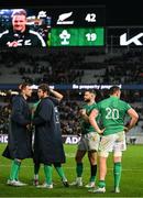 2 July 2022; Ireland players, from left, Tadhg Beirne, Caelan Doris, Robbie Henshaw and Jack Conan after the Steinlager Series match between the New Zealand and Ireland at Eden Park in Auckland, New Zealand. Photo by Brendan Moran/Sportsfile