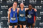 2 July 2022; The men's podium, first place William Mausell, centre, second place Andrew Annett of Mourne Runners, left, and third place Gideon Kimosop of 1ZERo1, right, after the Kia Race Series Roscommon 10 Mile race in Roscommon Town. Photo by David Fitzgerald/Sportsfile