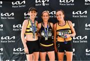 2 July 2022; The women's podium, first place Ann-Marie McGlynn of Letterkenny AC, centre, second place Michelle Finn of Leevale AC, right, and third place Lizzie Lee of Leevale AC, left, after the Kia Race Series Roscommon 10 Mile race in Roscommon Town. Photo by David Fitzgerald/Sportsfile