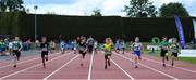 2 July 2022; Cathal Sheehan of Blarney/Inniscara A.C., left, Cillian McManus of Naas A.C., Darragh Kavanagh United of Striders A.C., Sam Robertson of North Cork A.C., Aaron Barrett of Moy Valley A.C., Davog Sheridan Monaghan of Phoenix A.C., Zach Birmingham of Metro/St. Brigids A.C., right, competing in the Boy's U9s 60m final during the Irish Life Health Children’s Team Games & U12/U13 Championships in Tullamore, Offaly. Photo by George Tewkesbury/Sportsfile