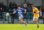 2 July 2022; Conor O'Toole of Blessington Co Wicklow in action against Matthew McNamee of Clontibert Co Monaghan, during the Shield Semi-Final between Blessington Co Wicklow and Clontibert Co Monaghan at the John West National Football Feile 2022 event at Kildare GAA Centre in Hawkfield, Kildare. Photo by Matt Browne/Sportsfile