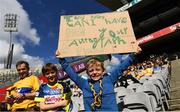 2 July 2022; Clare supporter Dara O'Rourke, aged six, with a message for Clare player Tony Kelly before the GAA Hurling All-Ireland Senior Championship Semi-Final match between Kilkenny and Clare at Croke Park in Dublin. Photo by Harry Murphy/Sportsfile