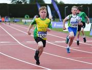 2 July 2022; Sam Robertson of North Cork A.C. on the way to winning the Boy's U9's 60m during the Irish Life Health Children’s Team Games & U12/U13 Championships in Tullamore, Offaly. Photo by George Tewkesbury/Sportsfile