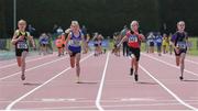2 July 2022; Competitors, from left to right, Aoife Holland of Blackrock A.C., Rhia Toner of Finn Valley A.C., Autumn Moran of Dundalk St. Gerards A.C., Aoibhe McCarthy of Navan A.C., competing in the Girl's U10 60m during the Irish Life Health Children’s Team Games & U12/U13 Championships in Tullamore, Offaly. Photo by George Tewkesbury/Sportsfile