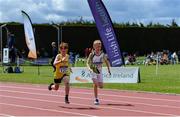 2 July 2022; Mason Slyne of Bandon A.C., left, Donnacha Gavin of Moy Valley A.C. competing in the Boy's U10 60m during the Irish Life Health Children’s Team Games & U12/U13 Championships in Tullamore, Offaly. Photo by George Tewkesbury/Sportsfile
