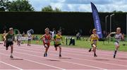 2 July 2022; Conor Helme of Cabinteely A.C., left, Matthew Bowe of Enniscorthy A.C., Adam Gleeson of North Cork A.C., Mason Slyne of Bandon A.C., Donnacha Gavin of Moy Valley A.C., right, competing in the Boy's U10's 60m during the Irish Life Health Children’s Team Games & U12/U13 Championships in Tullamore, Offaly. Photo by George Tewkesbury/Sportsfile