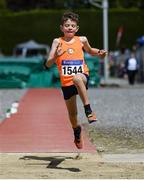 2 July 2022; Ruairí Lynch of Rosses A.C. competing in the Boy's U9's Long Jump during the Irish Life Health Children’s Team Games & U12/U13 Championships in Tullamore, Offaly. Photo by George Tewkesbury/Sportsfile