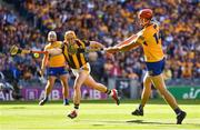2 July 2022; Peter Duggan of Clare takes a shot on goal under pressure from Richie Reid of Kilkenny during the GAA Hurling All-Ireland Senior Championship Semi-Final match between Kilkenny and Clare at Croke Park in Dublin. Photo by John Sheridan/Sportsfile