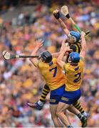 2 July 2022; TJ Reid of Kilkenny in action against David McInerney, left, and Rory Hayes of Clare during the GAA Hurling All-Ireland Senior Championship Semi-Final match between Kilkenny and Clare at Croke Park in Dublin. Photo by Ramsey Cardy/Sportsfile