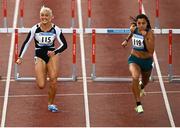 2 July 2022; Jade Barber of USA, right, on her way to winning the Women's 100m Hurdles ahead of second place Sarah Lavin of Emerald AC during the 2022 Morton Games at Morton Stadium in Santry, Dublin. Photo by David Fitzgerald/Sportsfile