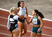 2 July 2022; Jade Barber of USA, right, is congratulated by second place Sarah Lavin of Emerald AC after winning the Women's 100m Hurdles during the 2022 Morton Games at Morton Stadium in Santry, Dublin. Photo by David Fitzgerald/Sportsfile