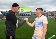 2 July 2022; Kilkenny manager Brian Cody and Cian Kenny of Kilkenny after their side's victory in the GAA Hurling All-Ireland Senior Championship Semi-Final match between Kilkenny and Clare at Croke Park in Dublin. Photo by Harry Murphy/Sportsfile