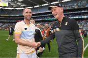 2 July 2022; Kilkenny manager Brian Cody shakes hands with Tommy Walsh of Kilkenny after their side's victory in the GAA Hurling All-Ireland Senior Championship Semi-Final match between Kilkenny and Clare at Croke Park in Dublin. Photo by Harry Murphy/Sportsfile