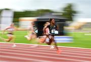 2 July 2022; Kiara Parker of USA on her way to winning the Women's 100m during the 2022 Morton Games at Morton Stadium in Santry, Dublin. Photo by David Fitzgerald/Sportsfile