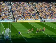 2 July 2022; Martin Keoghan of Kilkenny on his way to scoring his side's first goal past Clare goalkeeper Éibhear Quilligan during the GAA Hurling All-Ireland Senior Championship Semi-Final match between Kilkenny and Clare at Croke Park in Dublin. Photo by Stephen McCarthy/Sportsfile