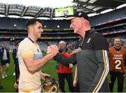2 July 2022; Kilkenny manager Brian Cody shakes hands with Paddy Deegan of Kilkenny after their side's victory in the GAA Hurling All-Ireland Senior Championship Semi-Final match between Kilkenny and Clare at Croke Park in Dublin. Photo by Harry Murphy/Sportsfile
