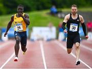 2 July 2022; Andrew Robertson of GB, right, on his way to winning the Men's 100m ahead of eventual second place Israel Olatunde of UCD AC during the 2022 Morton Games at Morton Stadium in Santry, Dublin. Photo by David Fitzgerald/Sportsfile