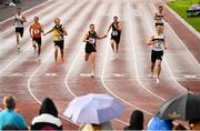 2 July 2022; Jack Raftery of Donore Harriers, right, crosses the line to win the Men's 400m during the 2022 Morton Games at Morton Stadium in Santry, Dublin. Photo by David Fitzgerald/Sportsfile