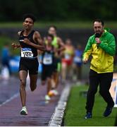 2 July 2022; Commentators Feidhlim Kelly encourages Efrem Gidey of Clonliffe Harriers AC competing in the Men's 5000m during the 2022 Morton Games at Morton Stadium in Santry, Dublin. Photo by David Fitzgerald/Sportsfile