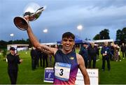 2 July 2022; Andrew Coscoran of Star of the Sea AC celebrates with the cup after winning the Morton Mile during the 2022 Morton Games at Morton Stadium in Santry, Dublin. Photo by David Fitzgerald/Sportsfile