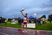 2 July 2022; Andrew Coscoran of Star of the Sea AC celebrates with the cup after winning the Morton Mile during the 2022 Morton Games at Morton Stadium in Santry, Dublin. Photo by David Fitzgerald/Sportsfile