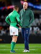 2 July 2022; Ireland forwards coach Paul O'Connell speaks to Jordan Larmour before the Steinlager Series match between the New Zealand and Ireland at Eden Park in Auckland, New Zealand. Photo by Brendan Moran/Sportsfile
