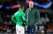 2 July 2022; Ireland forwards coach Paul O'Connell speaks to Jordan Larmour before the Steinlager Series match between the New Zealand and Ireland at Eden Park in Auckland, New Zealand. Photo by Brendan Moran/Sportsfile